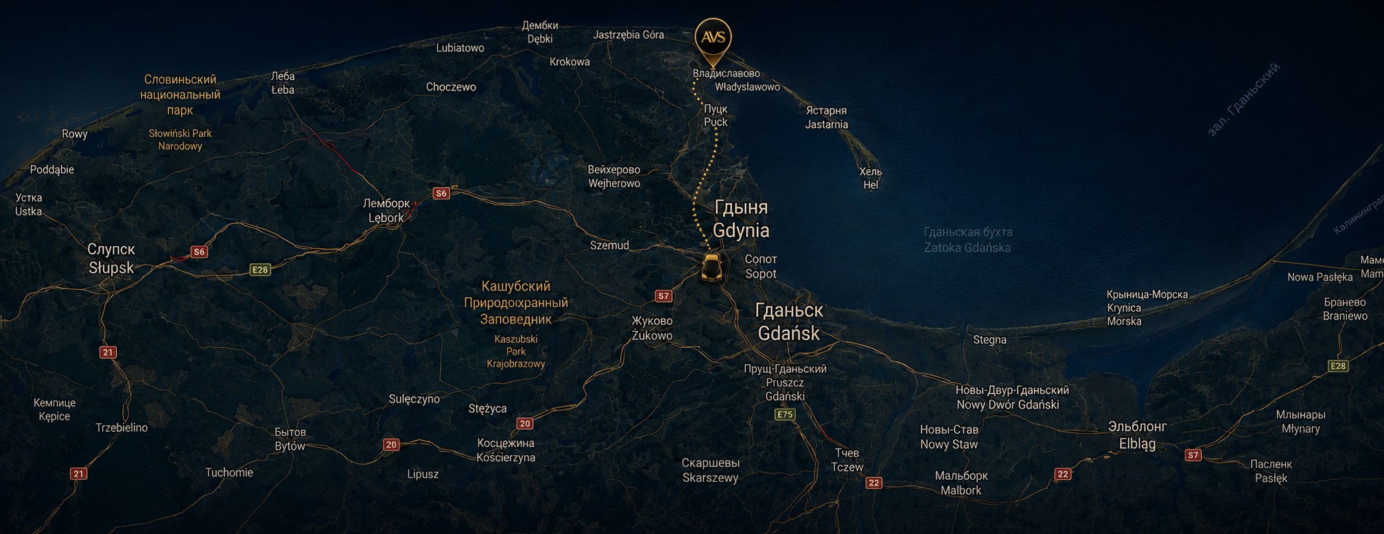 AVS ECU Soft mobile service map covering Władysławowo, Puck, Gdynia and Gdańsk